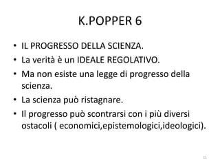 K.POPPER 6
• IL PROGRESSO DELLA SCIENZA.
• La verità è un IDEALE REGOLATIVO.
• Ma non esiste una legge di progresso della
scienza.
• La scienza può ristagnare.
• Il progresso può scontrarsi con i più diversi
ostacoli ( economici,epistemologici,ideologici).
11
 