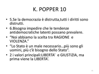 K. POPPER 10
• 5.Se la democrazia è distrutta,tutti i diritti sono
distrutti.
• 6.Bisogna impedire che le tendenze
antidemocratiche latenti possano prevalere.
• “Noi abbiamo la scelta tra RAGIONE e
VIOLENZA.”
• “Lo Stato è un male necessario…più sono gli
uomini, più c’è bisogno dello Stato”.
• 2 i valori principali:LIBERTA’ e GIUSTIZIA, ma
prima viene la LIBERTA’.
15
 