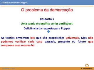 Resposta 1
Uma teoria é científica se for verificável.
Deficiência da resposta para Popper
As teorias envolvem leis que são proposições universais. Mas não
podemos verificar cada caso passado, presente ou futuro que
comprove essa mesma lei.
FILOSOFIA 11.º ano
O falsificacionismo de Popper
O problema da demarcação
 