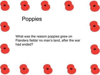 Poppies
What was the reason poppies grew on
Flanders fields/ no man’s land, after the war
had ended?
 