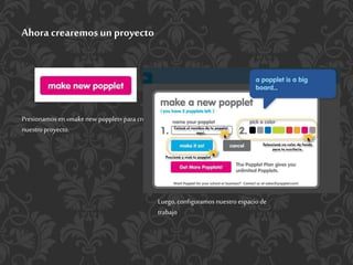 Ahora crearemosun proyecto
Luego, configuramos nuestro espacio de
trabajo
Presionamos en«makenew popplet» para crear
nuestro proyecto.
 
