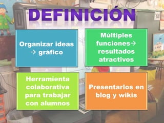 Organizar ideas
 gráfico
Múltiples
funciones
resultados
atractivos
Herramienta
colaborativa
para trabajar
con alumnos
Presentarlos en
blog y wikis
 