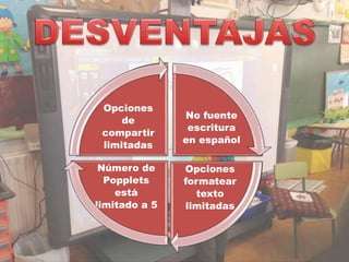 No fuente
escritura
en español
Opciones
formatear
texto
limitadas
Número de
Popplets
está
limitado a 5
Opciones
de
compartir
limitadas
 