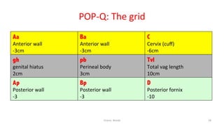  
POP-­‐Q:	
  The	
  grid	
  
Aa
Anterior	
  wall	
  
-­‐3cm	
  
Ba
Anterior	
  wall	
  
-­‐3cm	
  
C
Cervix	
  (cuﬀ)	
  
-­‐6cm	
  
gh
genital	
  hiatus	
  
2cm	
  
pb
Perineal	
  body	
  
3cm	
  
Tvl
Total	
  vag	
  length	
  
10cm	
  
Ap
Posterior	
  wall	
  
-­‐3	
  
Bp
Posterior	
  wall	
  
-­‐3	
  
D
Posterior	
  fornix	
  
-­‐10	
  
Osama	
  	
  Warda	
   28	
  
	
  
	
  
	
  
	
  
 