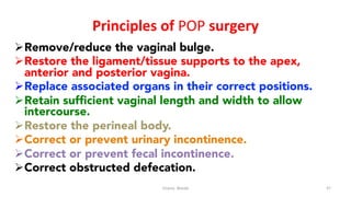  
Principles	
  of	
  POP	
  surgery	
  
Ø Remove/reduce the vaginal bulge.
Ø Restore the ligament/tissue supports to the apex,
anterior and posterior vagina.
Ø Replace associated organs in their correct positions.
Ø Retain sufﬁcient vaginal length and width to allow
intercourse.
Ø Restore the perineal body.
Ø Correct or prevent urinary incontinence.
Ø Correct or prevent fecal incontinence.
Ø Correct obstructed defecation.
Osama	
  	
  Warda	
   47	
  
	
  
	
  
	
  
	
  
 