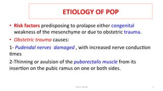  
ETIOLOGY	
  OF	
  POP	
  
•  Risk	
  factors	
  predisposing	
  to	
  prolapse	
  either	
  congenital	
  
weakness	
  of	
  the	
  mesenchyme	
  or	
  due	
  to	
  obstetric	
  trauma.	
  	
  
•  Obstetric	
  trauma	
  causes:	
  
1-­‐	
  Pudendal	
  nerves	
  	
  damaged	
  ,	
  with	
  increased	
  nerve	
  conduc=on	
  
=mes	
  
2-­‐Thinning	
  or	
  avulsion	
  of	
  the	
  puborectalis	
  muscle	
  from	
  its	
  
inser=on	
  on	
  the	
  pubic	
  ramus	
  on	
  one	
  or	
  both	
  sides.	
  
Osama	
  	
  Warda	
   5	
  
	
  
	
  
	
  
	
  
 