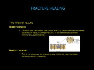 FRACTURE HEALING
TWO TYPES OF HEALING
DIRECT HEALING
• THE FRACTURE GAP IS VERY SMALL(LESS THAN 0.5) THIS HEALING OCCURS UNDER
CONDITION OF ABSOLUTE STABILITY(PLATE) WHERE REMODELLING OCCURS
WITHOUT CALLOUS FORMATION
INDIRECT HEALING
• THIS IS THE USUAL WAY OF HEALING IN NON- OPERATIVE FRACTURE CARE,
INVOLVES CALLOUS FORMATION
 
