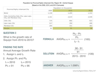 Population by Province/Highly Urbanized City: Region VII - Central Visayas 

(Based on the 2000, 2010, and 2015 Censuses)
Province/Highly Urbanized City
Population (in thousands)
2000 2010 2015
Bohol 1,139 1,255 1,314
Cebu (excluding Cebu City, Lapu-Lapu
City, and Mandaue City)
2,161 2,619 2,939
Cebu City 719 866 923
Lapu-Lapu City 217 350 408
Mandaue City 260 331 363
Siquijor 82 91 96
What is the growth rate of
Siquijor from 2010 to 2015?
QUESTION 3
Annual Average Growth Rate
FINDING THE RATE
1. Assign t1 and t2
2. Assign Pt1 and Pt2
t1 = 2010 t2 = 2015
Pt1 = 91 Pt2 = 96
FORMULA AAGR00,10 =
Pt2 - Pt1
t2 - t1
Pt1
(100)
SOLUTION AAGR00,10 =
96 - 91
2015 - 2010
91
(100)
ANSWER AAGR00,10 = 1.098%
Lecture by Ragene Andrea L. Palma, EnP
 