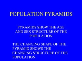 POPULATION PYRAMIDS PYRAMIDS SHOW THE AGE AND SEX STRUCTURE OF THE POPULATION THE CHANGING SHAPE OF THE PYRAMID SHOWS THE CHANGING STRUCTURE OF THE POPULATION 