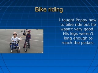 Bike ridingBike riding
I taught Poppy howI taught Poppy how
to bike ride but heto bike ride but he
wasn’t very good.wasn’t very good.
His legs weren’tHis legs weren’t
long enough tolong enough to
reach the pedals.reach the pedals.
 