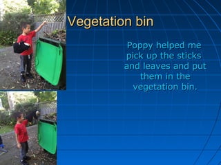 Vegetation binVegetation bin
Poppy helped mePoppy helped me
pick up the stickspick up the sticks
and leaves and putand leaves and put
them in thethem in the
vegetation bin.vegetation bin.
 