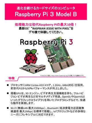 進化を続けるカードサイズのコンピュータ
Raspberry Pi ３ Model B
処理能力は初代Raspberry Piの最大10倍！
最新OS* “RASPBIAN JESSIE WITH PIXEL”を
デモ機で体験してください。
特徴
 プロセッサにARM Cortex-A53（4コア、1.2GHz、64bit対応）を採用。
前世代Pi2から50％パフォーマンスが向上しました。
 搭載GPUは、3D エンジン、ビデオ再生支援機能を持ち、フルハビ
ジョン ビデオ再生などのマルチメディア用途、OpenGLやOpenVGと
いったグラフィックスライブラリを用いたプログラミングなどで、快適
な動作を実現します。
 Wi-Fi（無線LAN 最大150Mbps）、Bluetooth（低消費電力近距離無
線通信 最大1Mbps）を標準で搭載し、IoTプロジェクトなどの多様な
ニーズにフレキシブルに対応できます。
＊2016/11/1 現在、https://www.raspberrypi.org/で公開している最新OSです。
 