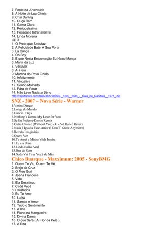 7. Fonte da Juventude
8. A Noite de Lua Cheia
9. Crisi Darling
10. Ouça Bem
11. Gema Clara
12. Perigosíssima
13. Pessoal e Intransferível
14. Linda Morena
CD 3
1. O Preto que Satisfaz
2. A Felicidade Bate À Sua Porta
3. La Canga
4. Oh Boy
5. É que Nesta Encarnação Eu Nasci Manga
6. Maria da Luz
7. Vesúvio
8. Aí Hein
9. Marcha do Povo Doido
10. Infelizmente
11. Vingativa
12. Sonho Molhado
13. Pára de Parar
14. Não Levo Nada a Sério
http://rapidshare.com/files/382720950/-_Fren__ticas_-_Caia_na_Gandaia__1978_.zip
SNZ - 2007 – Nova Série - Warner
1.Venha Dançar
2.Longe do Mundo
3.Dancin´ Days
4.Nothing´s Gonna My Love for You
5.Se Eu Pudesse-Dance Remix
6.Outra Chance (Without You) - G - Vô Dance Remix
7.Nada é Igual a Esse Amor (I Don´T Know Anymore)
8.Retrato Imaginário
9.Quero Ver
10.Te Amei a Minha Vida Inteira
11.Eu e a Brisa
12.Lindo Balão Azul
13.Dna do Som
14.Nada Vai Tirar Você de Mim
Chico Buarque - Maxximum: 2005 - SonyBMG
1. Quem Te Viu, Quem Te Vê
2. Brejo da Cruz
3. O Meu Guri
4. Joana Francesa
5. Vida
6. Ela Desatinou
7. Cadê Você
8. Paratodos
9. Eu Te Amo
10. Luíza
11. Samba e Amor
12. Todo o Sentimento
13. A Ilha
14. Piano na Mangueira
15. Divina Dama
16. O que Será ( A Flor da Pele )
17. A Rita
 