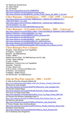 18. Samba do Grande Amor
19. João e Maria
20. Vai Passar
http://www.megaupload.com/?d=1K4BFKPW
http://www.4shared.com/dir/hgAWuVn1/sharing.html
http://www.4shared.com/file/glWbXO_g/Coleo_Folha_Razes_Da_MPB_12_Do.htm
Chico Buarque – Saltimbancos – 1993 – CID - 1999 - Universal
http://www.cdpoint.com.br/CD/SALTIMBANCOS---VARIOS-SALTIMBANCOS++
+7891397010047-1-2-L.html
http://www.cdpoint.com.br/CD/SALTIMBANCOS---VARIOS-SALTIMBANCOS++
+731451822223-1-2-L.html
http://www.4shared.com/dir/e8E5N385/sharing.html
Chico Buarque – O Grande Circo Místico – 2005 - Universal
http://www.cdpoint.com.br/CD/EDU-LOBO---CHICO-BUARQUE-GRANDE-CIRCO-MISTICO-
BONUS-TRACKS+++3259120065582-1-2-L.html
http://www.4shared.com/dir/hMPBr2LJ/Chico_Buarque.html
http://www.fileserve.com/file/56kVwYW
http://www.fileserve.com/file/gKsM5Dz senha: jaspiongirl
http://www.4shared.com/dir/gH9av69K/VOV_MAFALDA.html
http://www.4shared.com/dir/zNWkK6FO/Festa_dos_Bichos.html
http://hotfile.com/dl/56633550/bdaa696/1983-o-grande-circo-mÃstico.rar.html
Chico Buarque Pras Crianças
Piruetas - Chico Buarque e os Trapalhões
O Pingüim - Toquinho
Bicharia - Os Saltimbancos
O Pato - MPB 4
História de uma Gata - Os Saltimbancos com N. Leão
A Foca - Alceu Valença
O Leão - Fagner
Hollywood - Lucinha Lins e os Trapalhões
Aquarela - Toquinho
A Casa - Boca Livre
O Ar (o Vento) - Vinicius com Boca Livre
O Pintinho - As Frenéticas
O Relógio - Walter Franco
Um Dia de Cão - Os Saltimbancos

Sítio do Pica-Pau Amarelo – 2001 – Vol 03
01 Sitio do Pica Pau Amarelo Gilberto Gil
http://www.4shared.com/audio/IuQqrr_n/Stio_Do_Picapau_Amarelo_Gilber.html
02 Narizinho Ivete Sangalo
http://www.4shared.com/audio/SI0wPGYd/Narizinho_Ivete_Sangalo.html
03 Quindim Cidade Negra
http://www.4shared.com/audio/Pin8VxB1/Quindim_Cidade_Negra.html
04 A Cuca Te Pega Cassia Eller
http://www.4shared.com/audio/JjQnOv0t/A_Cuca_Te_Pega_Cassia_Eller.htm
05 Ploquet Pluft Nhoque Jaboticaba Pato Fu
http://www.4shared.com/audio/W-ZfBiEa/Ploquet_Pluft_Nhoque_Pato_Fu__.html
06 Pedrinho Jota Quest
http://www.4shared.com/audio/PLfNtDwo/Pedrinho_Jota_Quest.html
07 Perere Peralta -Saci Carlinhos Brown
http://www.4shared.com/audio/Lh2xtPso/Perere_Peralta_Carlinhos_Brown.html
08 Rabico Paulo Ricardo
http://www.4shared.com/audio/MAsEGXIr/Rabico_Paulo_Ricardo.html
09 Tia Nastacia Zeca Pagodinho
 