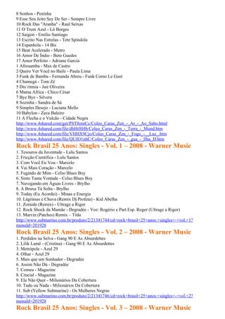 8 Sonhos - Peninha
9 Esse Seu Jeito Sey De Ser - Sempre Livre
10 Rock Das "Aranha" - Raul Seixas
11 O Trem Azul - Lô Borges
12 Saigon - Emílio Santiago
13 Escrito Nas Estrelas - Tete Spíndola
14 Espanhola - 14 Bis
15 Beat Acelerado - Metro
16 Amor De Índio - Beto Guedes
17 Amor Perfeito - Adriane Garcia
1 Afrosamba - Max de Castro
2 Quero Ver Você no Baile - Paula Lima
3 Funk de Bamba - Fernanda Abreu - Funk Como Le Gust
4 Chamegá - Tom Zé
5 Dis´ritmia - Jair Oliveira
6 Mama Africa - Chico César
7 Bye Bye - Silvera
8 Sozinha - Sandra de Sá
9 Simples Desejo - Luciana Mello
10 Babylon - Zeca Baleiro
11 A Flecha e o Vulcão - Cidade Negra
http://www.4shared.com/get/PST8omCc/Coleo_Caras_Zen_-_Ar_-_Ao_Sabo.html
http://www.4shared.com/file/dhHtl8Hb/Coleo_Caras_Zen_-_Terra_-_Mund.htm
http://www.4shared.com/file/VHHX9Cjo/Coleo_Caras_Zen_-_Fogo_-__Luz_.htm
http://www.4shared.com/file/QUIO1nhC/Coleo_Caras_Zen_-_gua_-_Ilha_D.htm
Rock Brasil 25 Anos: Singles - Vol. 1 – 2008 - Warner Music
1. Tesouros da Juventude - Lulu Santos
2. Fricção Científica - Lulu Santos
3. Com Você Eu Vou - Marcelo
4. Vai Mais Coração - Marcelo
5. Fugindo de Mim - Celso Blues Boy
6. Sinto Tanta Vontade - Celso Blues Boy
7. Navegando em Águas Livres - Brylho
8. A Bruxa Tá Solta - Brylho
9. Today (Eu Acordei) - Minas e Energia
10. Lágrimas e Chuva (Remix Dj Profeta) - Kid Abelha
11. Zoraide (Remix) - Ultrage a Rigor
12. Rock Shock da Mamãe - Degradée - Voz: Rogério e Part.Esp. Roger (Ultrage a Rigor)
13. Marvin (Patches) Remix – Titãs
http://www.submarino.com.br/produto/2/21341744/cd+rock+brasil+25+anos:+singles+-+vol.+1?
menuId=201928
Rock Brasil 25 Anos: Singles - Vol. 2 – 2008 - Warner Music
1. Perdidos na Selva - Gang 90 E As Absurdettes
2. Lilik Lamê - (Cristina) - Gang 90 E As Absurdettes
3. Metrópole - Azul 29
4. Olhar - Azul 29
5. Mais que um Sonhador - Degradée
6. Assim Não Dá - Degradée
7. Comeu - Magazine
8. Crucial - Magazine
9. Ela Não Quer - Milionários Da Cobertura
10. Tudo ou Nada - Milionários Da Cobertura
11. Sub (Yellow Submarine) - Os Mulheres Negras
http://www.submarino.com.br/produto/2/21341746/cd+rock+brasil+25+anos:+singles+-+vol.+2?
menuId=201928
Rock Brasil 25 Anos: Singles - Vol. 3 – 2008 - Warner Music
 