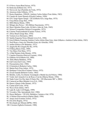 53. O Novo Aeon (Raul Seixas, 1975)
54. Refavela (Gilberto Gil, 1977)
55. Nervos de Aço (Paulinho da Viola, 1973)
56. Amoroso (João Gilberto, 1977)
57. Roots (Sepultura, 1996)58. Antônio Carlos Jobim (Tom Jobim, 1963)
59. Canção do Amor Demais (Elizeth Cardoso, 1958)
60. Gil e Jorge Ogum Xangô + D2 (Gilberto Gil e Jorge Ben, 1975)
61. Força Bruta (Jorge Ben, 1970)
62. MM (Marisa Monte, 1989)
63. Milagre dos Peixes + D2 (Milton Nascimento, 1973)
64. Show Opinião (Nara Leão, Zé Kéti e João do Vale, 1965)
65. Nelson Cavaquinho (Nelson Cavaquinho, 1973)
66. Cinema Transcendental (Caetano Veloso, 1979)
67. África Brasil (Jorge Ben, 1976)
68. Ventura (Los Hermanos, 2003)
69. Samba Esquema Noise (Mundo Livre S/A, 1994)
70. Getz/Gilberto Featuring Antônio Carlos Jobim (Stan Getz, João Gilberto e Antônio Carlos Jobim, 1963)
71. Noel Rosa e Aracy de Almeida (Aracy de Almeida, 1950)
72. Jardim Elétrico (Os Mutantes, 1971)
73. Angela Ro Ro (Angela Ro Ro, 1979)
74. Õ Blésq Blom (Titãs, 1989)
75. Tim Maia (Tim Maia, 1971)
76. A Bad Donato (João Donato, 1970)
77. Canções Praieiras (Dorival Caymmi, 1954)
78. Gilberto Gil (Gilberto Gil, 1968)
79. Álibi (Maria Bethânia, 1978)
80. Gal Costa (Gal Costa, 1969)
81. Psicoacústica (Ira!, 1988)
82. O Inimitável (Roberto Carlos, 1968)
83. Matita Perê (Tom Jobim, 1973)
84. Qualquer Coisa/Jóia (Caetano Veloso, 1975)
85. Jovem Guarda (Roberto Carlos, 1965)
86. Beleléu, Leléu, Eu (Itamar Assumpção e Banda Isca de Polícia, 1980)
87. Verde Anil Amarelo Cor de Rosa e Carvão (Marisa Monte, 1994)
88. Nada Como Um Dia Após O Outro Dia + D2 (Racionais MC’s, 2002)
89. Carnaval na Obra (Mundo Livre S/A, 1998)
90. Quem é Quem (João Donato, 1973)
91. Cantar (Gal Costa, 1974)
92. Wave (Tom Jobim, 1967)
93. Lado B, Lado A (O Rappa, 1999)
94. Vivendo e Não Aprendendo (Ira!, 1986)
95. Doces Bárbaros + D2 (Gil, Bethânia, Caetano e Gal, 1976)
96. A Sétima Efervescência (Júpiter Maçã, 1996)
97. Araçá Azul (Caetano Veloso, 1972)
98. Elis (Elis Regina, 1972)
99. Revolução por Minuto (RPM, 1985)
100. Circense (Egberto Gismonti, 1980)
 