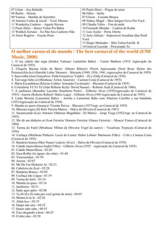 07 Lilian – Sou Rebelde                             05 Paulo Diniz – Pingos de amor
08 Biafra – Helena                                  06 Fábio – Stella
09 Vanusa – Manhãs de Setembro                      07 Gilson – Casinha Branca
10 Antonio Carlos & Jocafi – Você Abusou            08 Sidney Magal – Meu Sangue Ferve Por Você
11 Wanderley Cardoso – Aquela Nuvem                 09 Cláudia Telles – Fim de tarde
12 Paulo Diniz – Quero Voltar Pra Bahia             10 Fernando Mendes – Cadeira de Rodas
13 Waldick Soriano – Eu Não Sou Cachorro Não        11 Luiz Ayrão – Porta Aberta
14 Almir Rogério – Fuscão Preto                     12 Jerry Adriani – Impossivel Acreditar Que Perdi
                                                    Você
                                                    13 Sérgio Malandro – Bilu Tetéia-Farofá- fá
                                                    14 Genival Lacerda – Procurando Tu
O melhor carnaval do mundo / The best carnaval of the world (EMI
Music, 2008)
1. O teu cabelo não nega (Irmãos Valença/ Lamartine Babo) – Castro Barbosa (1932/ regravação do
Carnaval de 1955)
2. Chiquita Bacana (João de Barro/ Alberto Ribeiro) /Pierrô Apaixonado (Noel Rosa/ Heitor dos
Prazeres)Ala-la-ô (Haroldo Lobo/ Nássara) – Blecaute (1949, 1936, 1941, regravações do Carnaval de 1959)
3. Saca-rolha (José Gonçalves/ Zilda Gonçalves/ Valdir) – Zé e Zilda (Carnaval de 1954)
4. Tem nego bebo aí (Mirabeau/ Airton Amorim) – Carmen Costa (Carnaval de 1955)
5. Maria Escandalosa (Klecius Caldas/ Armando Cavalcanti) – Blecaute (Carnaval de 1955)
6. Colombina Yê Yê Yê (João Roberto Kelly/ David Nasser) – Roberto Audi (Carnaval de 1966)
7. A jardineira (Benedito Lacerda/ Humberto Porto) – Gilberto Alves (1939/regravação do Carnaval de
1955) / Aurora (Roberto Roberti/ Mário Lago) – Gilberto Alves (1941/regravação do Carnaval de 1955)
8. Linda Morena (Lamartine Babo) – Arrelia e Lamartine Babo com Altamiro Carrilho e sua bandinha
(1933/regravação do Carnaval de 1958)
9. Mamãe eu quero (Jararaca/ Vicente Paiva) – Blecaute (1937/regr. no Carnaval de 1955)
10. Máscara negra (Zé Kéti/ Pereira Matos) – Dalva de Oliveira (Carnaval de 1967)
11. Sassaricando (Luiz Antonio/ Oldemar Magalhães / Zé Mário) – Jorge Veiga (1952/regr. no Carnaval de
1955)
12. Me dá um dinheiro aí (Ivan Ferreira/ Homero Ferreira/ Glauco Ferreira) – Moacyr Franco (Carnaval de
1960)
13. Turma do Funil (Mirabeau/ Milton de Oliveira/ Urgel de castro) – Vocalistas Tropicais (Carnaval de
1956)
14. Cachaça (Mirabeau Pinheiro/ Lucio de Castro/ Heber Lobato/ Marinosio Filho) – Colé e Carmen Costa
(Carnaval de 1953)
15. Bandeira branca (Max Nunes/ Laércio Alves) – Dalva de Oliveira (Carnaval de 1970)
16. Cidade maravilhosa (André Filho) – Gilberto Alves (1935 – regravação do Carnaval de 1955)
01. Cidade Maravilhosa - 02:20
02. Saca-Rolha (As águas vão rolar) - 01:44
03. Vassourinhas - 01:59
04. Aurora - 02:07
05. Me Da Um Dinheiro Ai - 02:21
06. Cabeleira do Zezé - 02:28
07. Bandeira Branca - 03:05
08. Cachaça não é água - 01:19
09. Turma do funil - 01:14
10. Mamãe eu queo - 03:16
11. Jardineira - 02:51
12. Índio quer apito - 02:00
13. Ta-Hi (Eu fiz tudo pra você gostar de mim) - 04:03
14. Mulata Ie Ie Ie - 02:26
15. Allah-la-o - 03:35
16. Daqui não saio - 04:22
17. Quem sabe sabe - 00:55
18. Esta chegando a hora - 06:25
19. O abre alas - 02:28
 