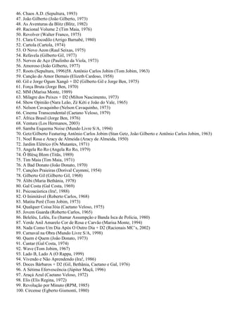 46. Chaos A.D. (Sepultura, 1993)
47. João Gilberto (João Gilberto, 1973)
48. As Aventuras da Blitz (Blitz, 1982)
49. Racional Volume 2 (Tim Maia, 1976)
50. Revolver (Walter Franco, 1975)
51. Clara Crocodilo (Arrigo Barnabé, 1980)
52. Cartola (Cartola, 1974)
53. O Novo Aeon (Raul Seixas, 1975)
54. Refavela (Gilberto Gil, 1977)
55. Nervos de Aço (Paulinho da Viola, 1973)
56. Amoroso (João Gilberto, 1977)
57. Roots (Sepultura, 1996)58. Antônio Carlos Jobim (Tom Jobim, 1963)
59. Canção do Amor Demais (Elizeth Cardoso, 1958)
60. Gil e Jorge Ogum Xangô + D2 (Gilberto Gil e Jorge Ben, 1975)
61. Força Bruta (Jorge Ben, 1970)
62. MM (Marisa Monte, 1989)
63. Milagre dos Peixes + D2 (Milton Nascimento, 1973)
64. Show Opinião (Nara Leão, Zé Kéti e João do Vale, 1965)
65. Nelson Cavaquinho (Nelson Cavaquinho, 1973)
66. Cinema Transcendental (Caetano Veloso, 1979)
67. África Brasil (Jorge Ben, 1976)
68. Ventura (Los Hermanos, 2003)
69. Samba Esquema Noise (Mundo Livre S/A, 1994)
70. Getz/Gilberto Featuring Antônio Carlos Jobim (Stan Getz, João Gilberto e Antônio Carlos Jobim, 1963)
71. Noel Rosa e Aracy de Almeida (Aracy de Almeida, 1950)
72. Jardim Elétrico (Os Mutantes, 1971)
73. Angela Ro Ro (Angela Ro Ro, 1979)
74. Õ Blésq Blom (Titãs, 1989)
75. Tim Maia (Tim Maia, 1971)
76. A Bad Donato (João Donato, 1970)
77. Canções Praieiras (Dorival Caymmi, 1954)
78. Gilberto Gil (Gilberto Gil, 1968)
79. Álibi (Maria Bethânia, 1978)
80. Gal Costa (Gal Costa, 1969)
81. Psicoacústica (Ira!, 1988)
82. O Inimitável (Roberto Carlos, 1968)
83. Matita Perê (Tom Jobim, 1973)
84. Qualquer Coisa/Jóia (Caetano Veloso, 1975)
85. Jovem Guarda (Roberto Carlos, 1965)
86. Beleléu, Leléu, Eu (Itamar Assumpção e Banda Isca de Polícia, 1980)
87. Verde Anil Amarelo Cor de Rosa e Carvão (Marisa Monte, 1994)
88. Nada Como Um Dia Após O Outro Dia + D2 (Racionais MC’s, 2002)
89. Carnaval na Obra (Mundo Livre S/A, 1998)
90. Quem é Quem (João Donato, 1973)
91. Cantar (Gal Costa, 1974)
92. Wave (Tom Jobim, 1967)
93. Lado B, Lado A (O Rappa, 1999)
94. Vivendo e Não Aprendendo (Ira!, 1986)
95. Doces Bárbaros + D2 (Gil, Bethânia, Caetano e Gal, 1976)
96. A Sétima Efervescência (Júpiter Maçã, 1996)
97. Araçá Azul (Caetano Veloso, 1972)
98. Elis (Elis Regina, 1972)
99. Revolução por Minuto (RPM, 1985)
100. Circense (Egberto Gismonti, 1980)
 