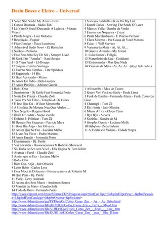 Daslu Bossa e Eletro – Universal

1 Você Não Soube Me Amar - Blitz                    1 Vanessa Falabella - Kiss On My List
2 Garota Dourada - Rádio Táxi                       3 Danni Carlos - Sowing The Seeds Of Love
3 Lá Vem O Brasil Descendo A Ladeira - Moraes       4 Marcos Valle - Samba de Verão
Moreir                                              5 Emmerson Nogueira - Crazy
4 Pérola Negra - Luiz Melodia                       6 Paula Morelenbaum - É Preciso Perdoar
5 Revelação - Fagner                                7 Clara Moreno - Por Causa de Você Menina
6 Fica Comigo - Placa Luminosa                      8 Cake - I Will Survive
7 Admirável Gado Novo - Zé Ramalho                  9 Vanessa da Mata - Ai, Ai, Ai....
8 Sonhos - Peninha                                  10 Groove Armada - My Friend
9 Esse Seu Jeito Sey De Ser - Sempre Livre          11 Lulu Santos - Fullgás
10 Rock Das "Aranha" - Raul Seixas                  12 Marcelinho da Lua - Cotidiano
11 O Trem Azul - Lô Borges                          13 Eletrosamba - Mas Que Nada
12 Saigon - Emílio Santiago                         14 Vanessa da Mata - Ai, Ai, Ai... (deep lick radio r
13 Escrito Nas Estrelas - Tete Spíndola
14 Espanhola - 14 Bis
15 Beat Acelerado - Metro
16 Amor De Índio - Beto Guedes
17 Amor Perfeito - Adriane Garcia
1 Bob - Otto                                        1 Afrosamba - Max de Castro
2 Sambassim - Dj Patife Feat Fernanda Porto         2 Quero Ver Você no Baile - Paula Lima
3 Noite Do Prazer - Claudio Zoli                    3 Funk de Bamba - Fernanda Abreu - Funk Como Le
4 Tudo Pra Ser Feliz - Totonho & Os Cabra           Gust
5 É Isso Que Dá - Wilson Simoninha                  4 Chamegá - Tom Zé
6 A História Da Morena Nua Que Abalou ...           5 Dis´ritmia - Jair Oliveira
7 Sou Negrão - Rappin Hood                          6 Mama Africa - Chico César
8 Blunt Of Judah - Nação Zumbi                      7 Bye Bye - Silvera
9 Defeito 3: Politicar - Tom Zé                     8 Sozinha - Sandra de Sá
10 Demais Pra Esquecer - Patricia Marx              9 Simples Desejo - Luciana Mello
11 Bom Dia Anjo - Jair Oliveira                     10 Babylon - Zeca Baleiro
12 Assim Que Se Faz - Luciana Mello                 11 A Flecha e o Vulcão - Cidade Negra
13 Livre Pra Viver - Pedro Mariano
14 Amor Errado - Fernanda Porto
1 Diariamente - Dj. Patife
2 Vai Levando - Bossacucanova & Roberto Menescal
3 Só Tinha de Ser com Você - Elis Regina & Tom Jobim
4 Acenda o Farol - Claudio Zoli
5 Assim que se Faz - Luciana Mello
6 Bob - Otto
7 Bom Dia, Anjo - Jair Oliveira
8 Lobo Bobo - Carlos Lyra
9 Essa Moça tá Diferente - Bossacucanova & Roberto M
10 Que Pena - Dj. Patife
11 Você - Leny Andrade
12 Acima dos Sete Mares - Anderson Soares
13 Manhãs de Maio - Claudio Zoli
14 Tudo de Bom - Fernanda Porto
http://www.cdpoint.com.br/webforms/CDNPesquisa.aspx?pIntCodTipo=50&pIndTipoPesq=1&pIndPesquis
a=1&pIndForaCatalogo=0&pStrOrdena=&pStrLetra=
http://www.4shared.com/get/PST8omCc/Coleo_Caras_Zen_-_Ar_-_Ao_Sabo.html
http://www.4shared.com/file/dhHtl8Hb/Coleo_Caras_Zen_-_Terra_-_Mund.htm
http://www.4shared.com/file/VHHX9Cjo/Coleo_Caras_Zen_-_Fogo_-__Luz_.htm
http://www.4shared.com/file/QUIO1nhC/Coleo_Caras_Zen_-_gua_-_Ilha_D.htm
 