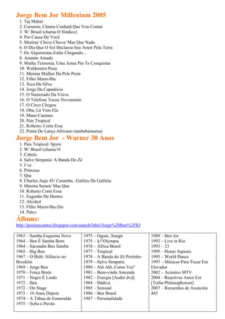 Jorge Bem Jor Millenium 2005
 1. Taj Mahal
 2. Curumin, Chama Cunhatã Que Vou Contar
 3. W/ Brasil (chama O Síndico)
 4. Por Causa De Você
 5. Menina/ Chove Chuva/ Mas Que Nada
 6. O Dia Que O Sol Declarou Seu Amor Pela Terra
 7. Os Alquimistas Estão Chegando...
 8. Amante Amado
 9. Minha Teimosia, Uma Arma Pra Te Conquistar
 10. Waldomiro Pena
 11. Menina Mulher Da Pele Preta
 12. Filho Maravilha
 13. Xica Da Silva
 14. Jorge Da Capadócia
 15. O Namorado Da Viúva
 16. O Telefone Tocou Novamente
 17. O Circo Chegou
 18. Oba, Lá Vem Ela
 19. Mano Caetano
 20. País Tropical
 21. Roberto, Corta Essa
 22. Ponta De Lança Africano (umbabarauma)
Jorge Bem Jor - Warner 30 Anos
 1. País Tropical/ Spyro
 2. W/ Brasil (chama O
 3. Cabelo
 4. Salve Simpatia/ A Banda Do Zé
 5. I´ve
 6. Princesa
 7. Que
 8. Charles Anjo 45/ Caramba...Galileu Da Galiléia
 9. Menina Sarará/ Mas Que
 10. Roberto Corta Essa
 11. Engenho De Dentro
 12. Alcohol
 13. Filho Maravilha (fio
 14. Palco
Álbuns:
http://poeiraecantos.blogspot.com/search/label/Jorge%20Ben%2FRJ

1963 – Samba Esquema Novo          1975 – Ogum, Xangô              1989 – Ben Jor
1964 – Ben É Samba Bom             1975 – à l’Olympia              1992 – Live in Rio
1964 – Sacundin Ben Samba          1976 – África Brasil            1993 – 23
1965 – Big Ben                     1977 – Tropical                 1995 – Homo Sapiens
1967 – O Bidú: Silêncio no         1978 – A Banda do Zé Pretinho   1995 – World Dance
Brooklin                           1979 – Salve Simpatia           1997 – Músicas Para Tocar Em
1969 – Jorge Ben                   1980 – Alô Alô, Como Vai?       Elevador
1970 – Força Bruta                 1981 – Bem-vinda Amizade        2002 – Acústico MTV
1971 – Negro É Lindo               1982 – Energia [Audio dvd]      2004 – Reactivus Amor Est
1972 – Ben                         1984 – Dádiva                   [Turba Philosophorum]
1972 – On Stage                    1985 – Sonsual                  2007 – Recuerdos de Asunción
1973 – 10 Anos Depois              1986 – Ben Brasil               443
1974 – A Tábua de Esmeralda        1987 – Personalidade
1975 – Solta o Pavão
 