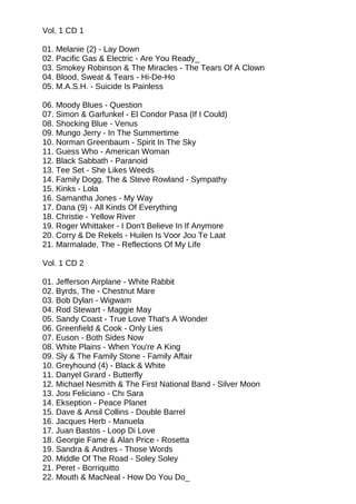 Vol. 1 CD 1
01. Melanie (2) - Lay Down
02. Pacific Gas & Electric - Are You Ready_
03. Smokey Robinson & The Miracles - The Tears Of A Clown
04. Blood, Sweat & Tears - Hi-De-Ho
05. M.A.S.H. - Suicide Is Painless
06. Moody Blues - Question
07. Simon & Garfunkel - El Condor Pasa (If I Could)
08. Shocking Blue - Venus
09. Mungo Jerry - In The Summertime
10. Norman Greenbaum - Spirit In The Sky
11. Guess Who - American Woman
12. Black Sabbath - Paranoid
13. Tee Set - She Likes Weeds
14. Family Dogg, The & Steve Rowland - Sympathy
15. Kinks - Lola
16. Samantha Jones - My Way
17. Dana (9) - All Kinds Of Everything
18. Christie - Yellow River
19. Roger Whittaker - I Don't Believe In If Anymore
20. Corry & De Rekels - Huilen Is Voor Jou Te Laat
21. Marmalade, The - Reflections Of My Life
Vol. 1 CD 2
01. Jefferson Airplane - White Rabbit
02. Byrds, The - Chestnut Mare
03. Bob Dylan - Wigwam
04. Rod Stewart - Maggie May
05. Sandy Coast - True Love That's A Wonder
06. Greenfield & Cook - Only Lies
07. Euson - Both Sides Now
08. White Plains - When You're A King
09. Sly & The Family Stone - Family Affair
10. Greyhound (4) - Black & White
11. Danyel Gιrard - Butterfly
12. Michael Nesmith & The First National Band - Silver Moon
13. Josι Feliciano - Chι Sara
14. Ekseption - Peace Planet
15. Dave & Ansil Collins - Double Barrel
16. Jacques Herb - Manuela
17. Juan Bastos - Loop Di Love
18. Georgie Fame & Alan Price - Rosetta
19. Sandra & Andres - Those Words
20. Middle Of The Road - Soley Soley
21. Peret - Borriquitto
22. Mouth & MacNeal - How Do You Do_
 