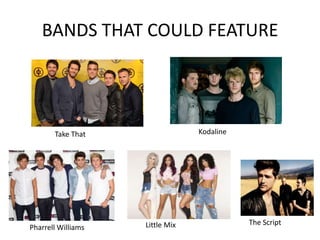 BANDS THAT COULD FEATURE

Kodaline

Take That

Pharrell Williams

Little Mix

The Script

 