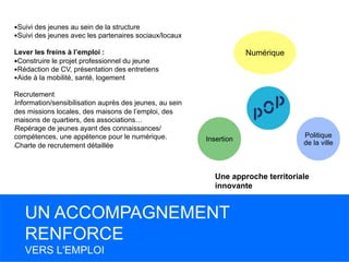UN ACCOMPAGNEMENT
RENFORCE
VERS L'EMPLOI
— Suivi des jeunes au sein de la structure
— Suivi des jeunes avec les partenaires sociaux/locaux
Lever les freins à l’emploi :
— Construire le projet professionnel du jeune
— Rédaction de CV, présentation des entretiens
— Aide à la mobilité, santé, logement
Recrutement
l Information/sensibilisation auprès des jeunes, au sein
des missions locales, des maisons de l’emploi, des
maisons de quartiers, des associations…
l Repérage de jeunes ayant des connaissances/
compétences, une appétence pour le numérique.
l Charte de recrutement détaillée
Numérique
Politique
de la ville
Insertion
Une approche territoriale
innovante
 