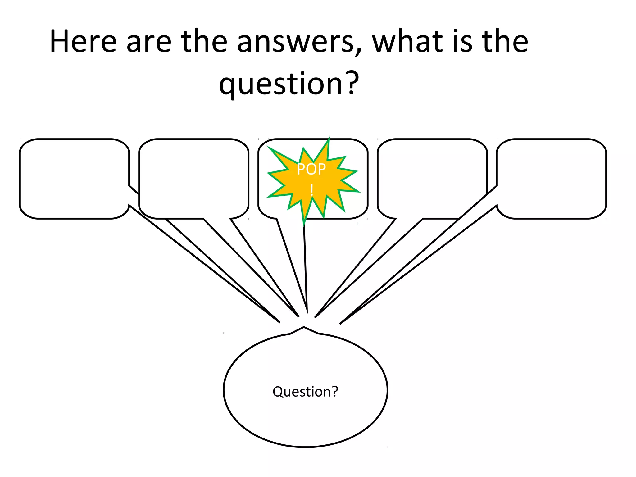 Here are the answers, what is the
           question?

                  POP
                   !




               Question?
 