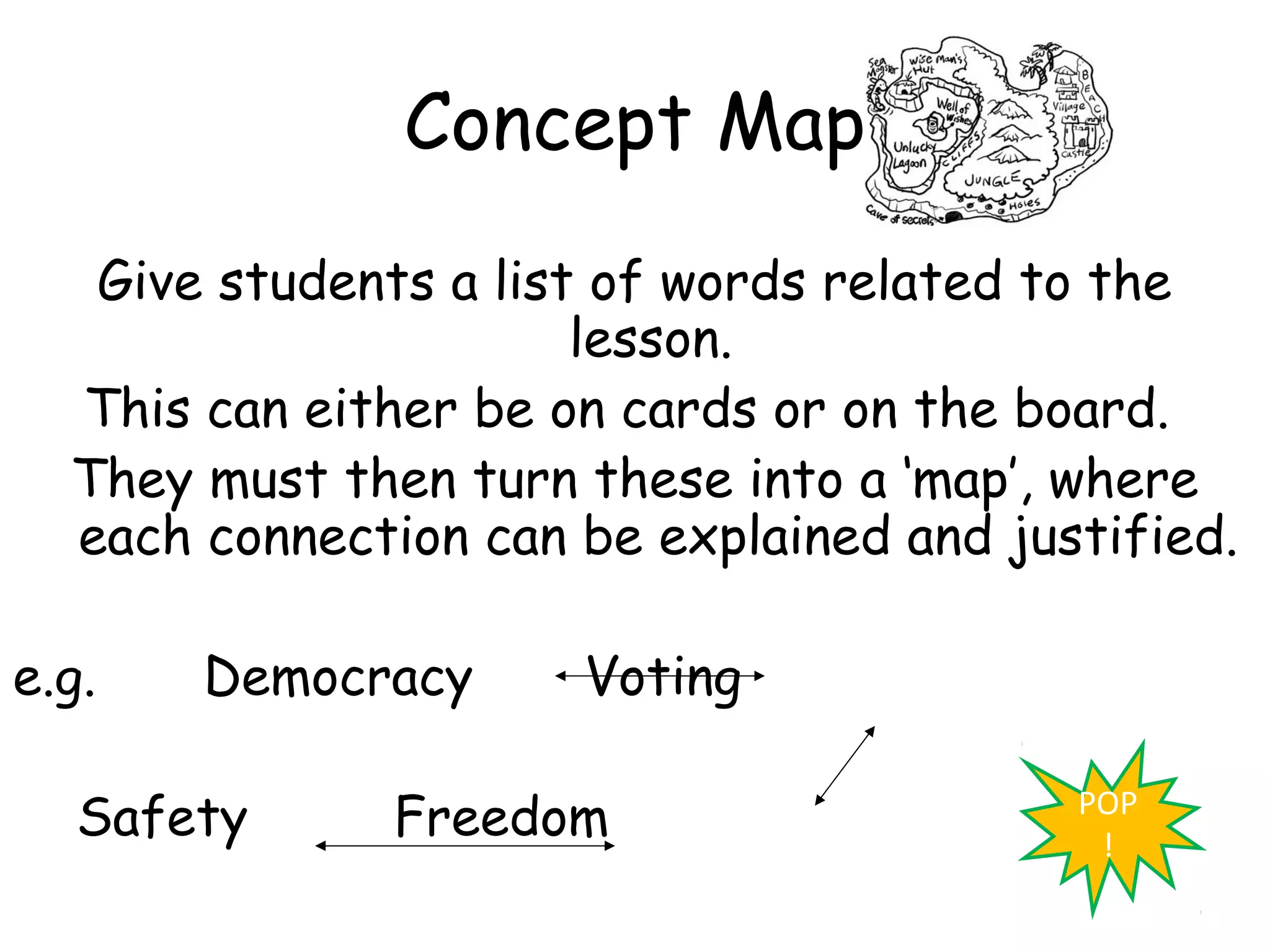 Concept Map
   Give students a list of words related to the
                       lesson.
  This can either be on cards or on the board.
  They must then turn these into a ‘map’, where
  each connection can be explained and justified.

e.g.   Democracy      Voting

   Safety      Freedom                    POP
                                           !
 