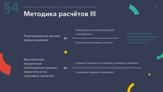 Методика расчётов III
Агрегированные данные
разных анализов
Сумма данных по всем выгрузкам
этого формата
Количество ненулевых значений
=
Выровненные
процентные
соотношения в рамках
пересчета из-за
ненулевых значений
Средний показатель по каждому промежутку времени
Сумма всех средних показателей
=
Из выборки исключались
сообщества, не публиковавшие
за отчетный период записи
в какое-либо время
Активность аудитории по типу содержания публикации
§4 36
 