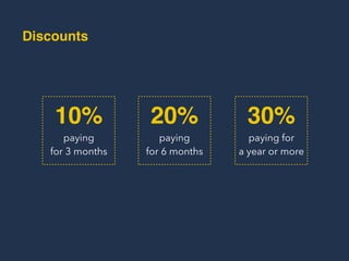 Discounts
10% 20% 30%
paying  
for 3 months
paying  
for 6 months
paying for  
a year or more
 