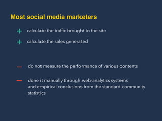 –
Most Social Media Marketers
calculate the trafﬁc brought to the site
calculate the sales generated
done it manually through web-analytics systems  
and empirical conclusions from the standard community
statistics
+
+
do not measure the performance of various contents
–
 