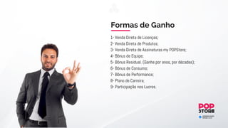 Para começar a faturar com a POPStore, escolha a licença
que mais se adeqüe a sua necessidade:
1. Loja Virtual
2. Produtos
3. Logística
4. Direito de Revenda
5. Back Office
6. 1% PLR
7. Gera 300 pontos
1. Loja Virtual
2. Produtos
3. Logística
4. Direito de Revenda
5. Back Office
6. 2% PLR
7. Gera 900 pontos
1. Loja Virtual
2. Produtos
3. Logística
4. Direito de Revenda
5. Back Office
6. 2% PLR
7. Gera 2700 pontos
1. Loja Virtual
2. Produtos
3. Logística
4. Direito de Revenda
5. Back Office
6. 4% PLR
7. Gera 6750 pontos
Indicando outros profissionais que tenham interesse no licenciamento da plataforma integrada de comércio
eletrônico (POPStore Outlet), você e sua equipe serão comissionados sobre as vendas diretas e em rede,
conforme a distribuição que iremos apresentar a vocês nos próximos slides.
Start
600R$ ,00
1. Loja Virtual
2. Produtos
3. Logística
4. Direito de Revenda
5. Back Office
6. Gera 150 pontos
Basic
R$ 1.000,00 R$ 3.000
Gold
,00 R$ 9.000,00
Infinity
30.000 ,00
Black
R$
COMECE A FATURAR AGORA MESMO!
 