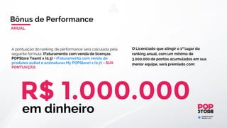 Para ativar o bônus de equipe você precisará ter:
1-) 2 indicações diretas, uma em cada equipe (Direita e Esquerda).
2-) Pagar a ativação mensal de acordo com o seu plano.
Bônus de ConsumoPagamentos
COMO FUNCIONA
Os POPpoints são uma forma incrível de você ter acesso a um mundo de vantagens! Com eles
você poderá comprar produtos e serviços com preços imbatíveis em nossa Digital Friday, além de
muitos outros benefícios que proporcionaremos a você.
Semanalmente, você compara a quantidade de pontos acumulados em todos os ganhos, Esses pontos
poderão ser convertidos 90% em dinheiro e 10% você ganhará em POPS DF para consumir produtos na
digital friday.
Os pagamentos serão realizados semanalmente com depósito diretamente em conta bancária, ou através
de um cartão pré-pago emitido diretamente pela bandeira do cartão.
 