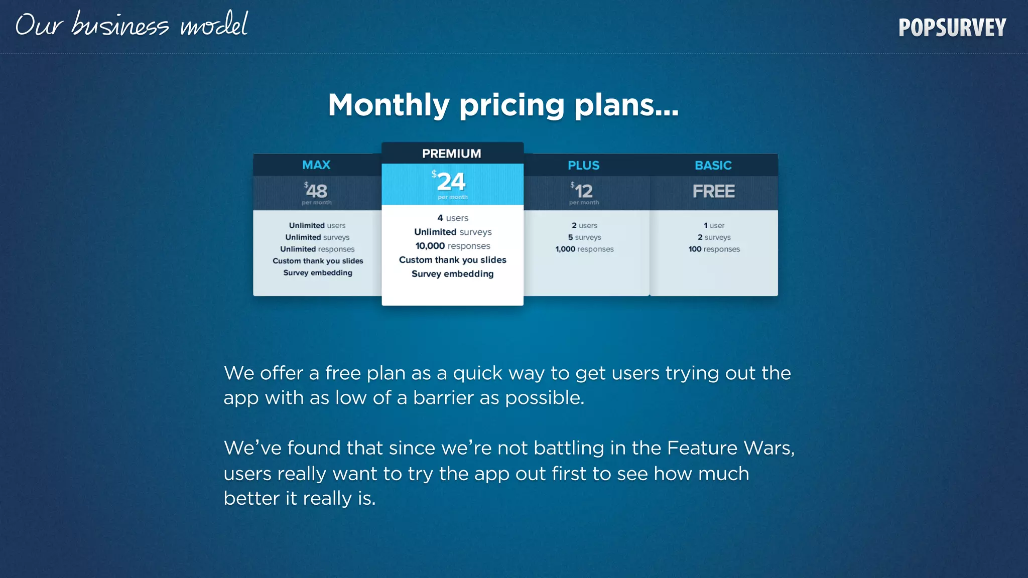 Our   ss   дl

                      Monthly pricing plans...




           We offer a free plan as a quick way to get users trying out the
           app with as low of a barrier as possible.

           We’ve found that since we’re not battling in the Feature Wars,
           users really want to try the app out first to see how much
           better it really is.
 