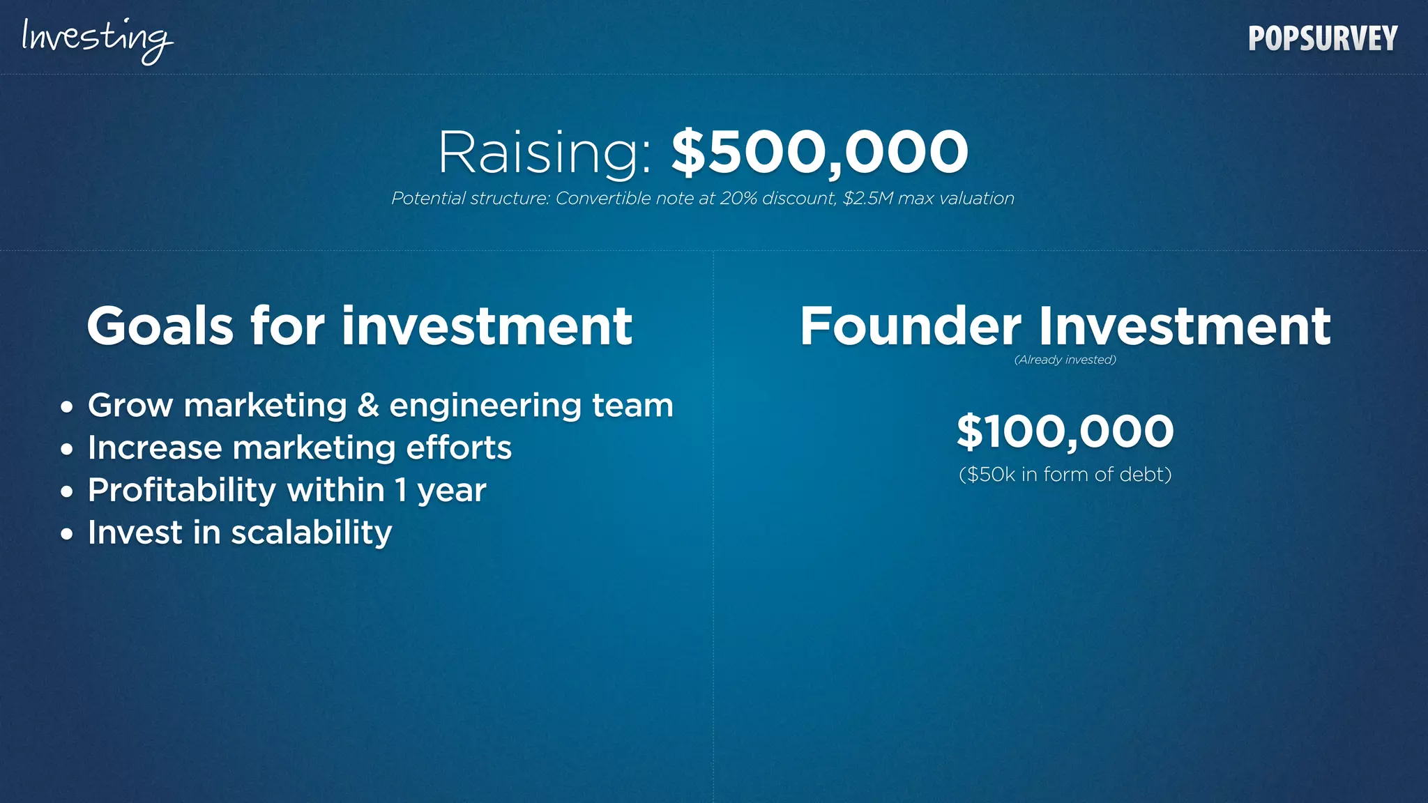 Inвs

                           Raising: $500,000
                      Potential structure: Convertible note at 20% discount, $2.5M max valuation




     Goals for investment                                             Founder Investment       (Already invested)



 •   Grow marketing & engineering team
 •   Increase marketing efforts                                                         $100,000
                                                                                         ($50k in form of debt)
 •   Profitability within 1 year
 •   Invest in scalability
 