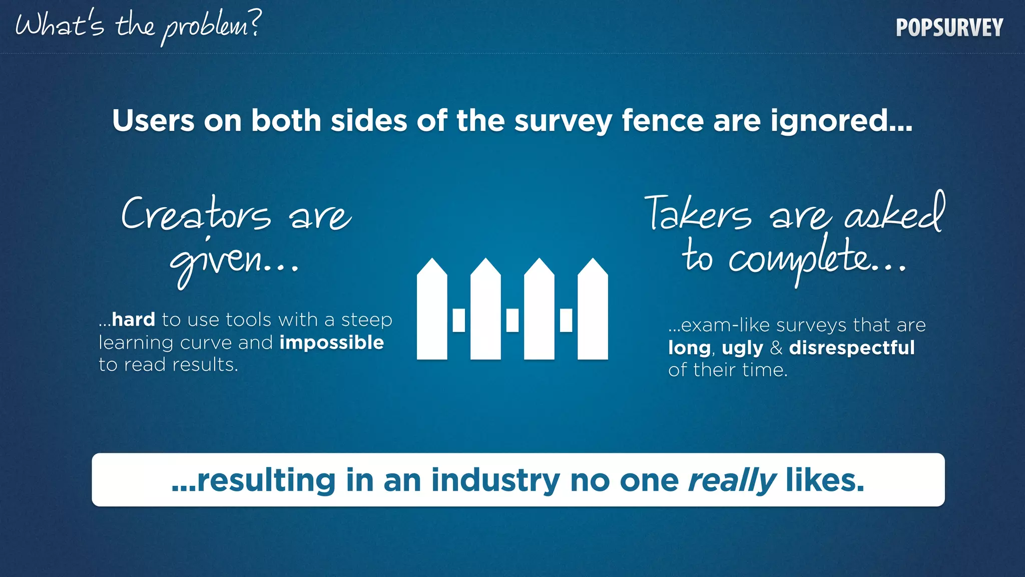 at’s t‫ ה‬p b m?

   Users on both sides of the survey fence are ignored...


    C a rs a                                     rs a а d
       вn…                                            т…
  ...hard to use tools with a steep         ...exam-like surveys that are
  learning curve and impossible             long, ugly & disrespectful
  to read results.                          of their time.




          ...resulting in an industry no one really likes.
 