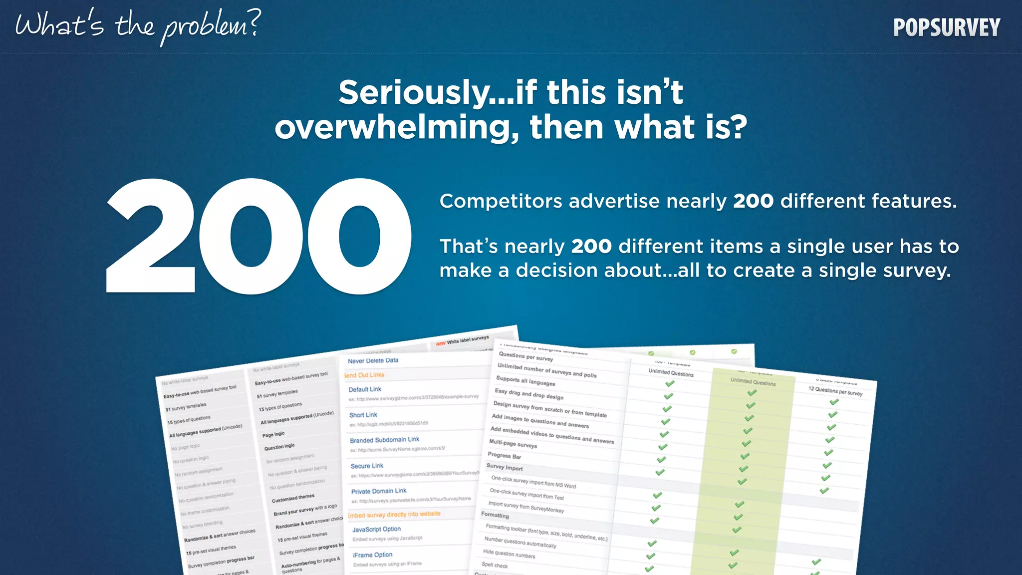 at’s t‫ ה‬p b m?

                    Seriously...if this isn’t
                 overwhelming, then what is?



   200
                          Competitors advertise nearly 200 different features.

                          That’s nearly 200 different items a single user has to
                          make a decision about...all to create a single survey.
 