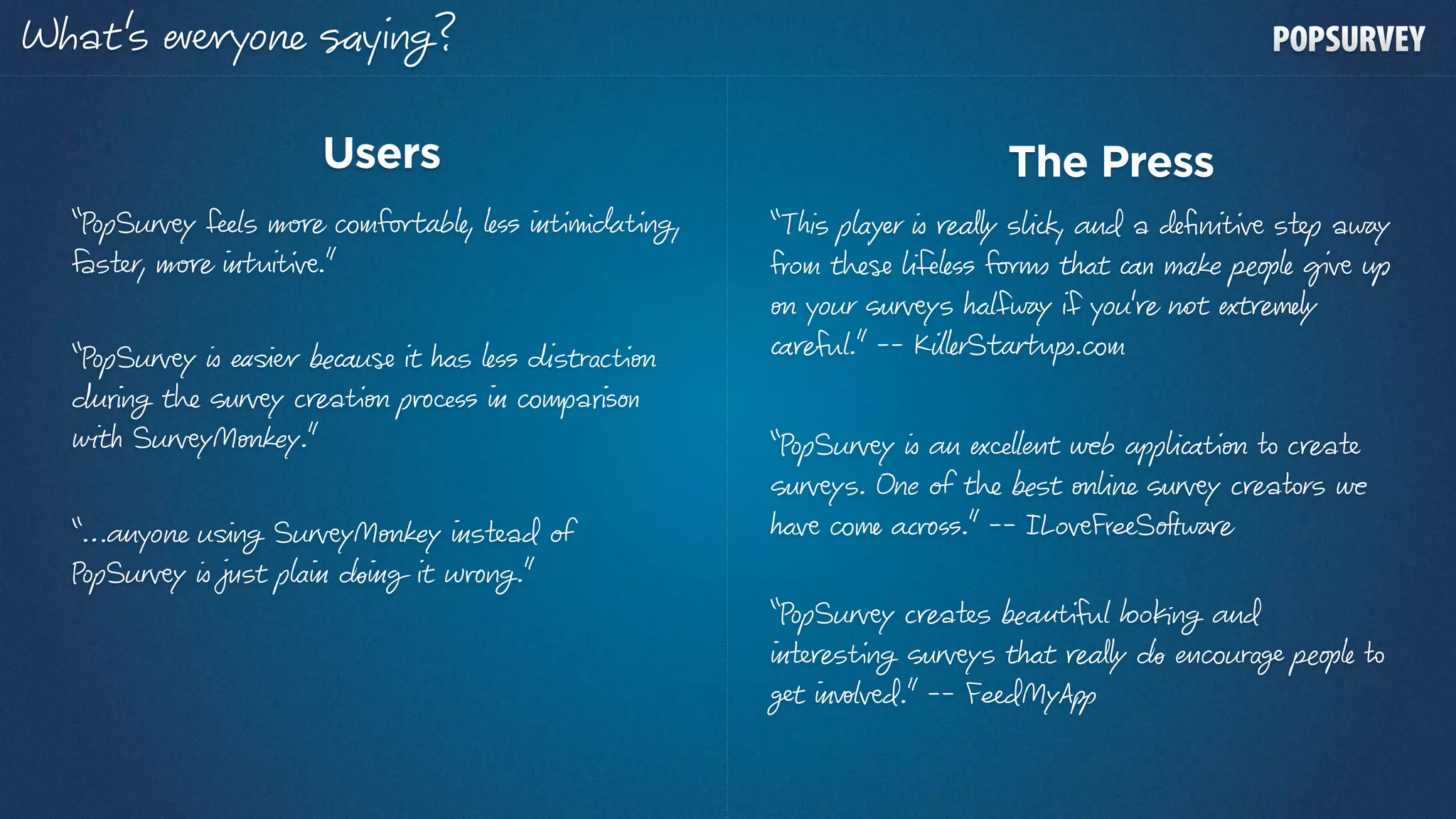 at’s р             ї ?

                Users                                      The Press
“ pSurвy îls       m   b , ss     Ú      ,   “T s p r      s ,      d a дﬁ в sтp a y
úsтr,        i в.”                             om t‫ ה‬þ ss    t     t Ên     ‫פ‬    в
                                             о ur rвys lf y if       u'   t t
“ pSurвy ê р бÊu it s ss        st c о       Ê l.” -- K rS r   .    m
       t‫ ה‬rвy c a о p Îss         a n
  th SurвyMо y.”                             “ pSurвy       Îнt b p Ê о c aт
                                               rвys. Оe t‫ ה‬бst о      rвy c a rs
“…     u    SurвyMо y sтad                     в     ¬ ss.” --ILoв îS
 pSurвy юst p     git w  .”
                                             “ pSurвy c aтs б    l o    d
                                              т s       rвys t t     н u г‫פ‬
                                             гt lвd.” -- FîdMyA
 