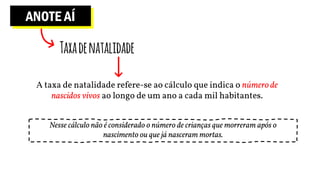 ANOTE AÍ
Taxadenatalidade
A taxa de natalidade refere-se ao cálculo que indica o número de
nascidos vivos ao longo de um ano a cada mil habitantes.
Nesse cálculo não é considerado o número de crianças que morreram após o
nascimento ou que já nasceram mortas.
 