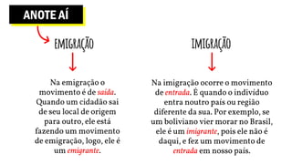 ANOTE AÍ
emigração
Na imigração ocorre o movimento
de entrada. É quando o indivíduo
entra noutro país ou região
diferente da sua. Por exemplo, se
um boliviano vier morar no Brasil,
ele é um imigrante, pois ele não é
daqui, e fez um movimento de
entrada em nosso país.
imigração
Na emigração o
movimento é de saída.
Quando um cidadão sai
de seu local de origem
para outro, ele está
fazendo um movimento
de emigração, logo, ele é
um emigrante.
 