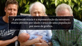 A pirâmide etária é a representação da estrutura
etária (divisão por idade e sexo) de uma população
por meio de gráfico.
 