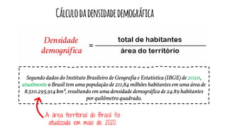 Cálculodadensidadedemográfica
Segundo dados do Instituto Brasileiro de Geografia e Estatística (IBGE) de 2020,
atualmente o Brasil tem uma população de 211,84 milhões habitantes em uma área de
8.510.295,914 km², resultando em uma densidade demográfica de 24.89 habitantes
por quilômetro quadrado.
A área territorial do Brasil foi
atualizada em maio de 2020.
 
