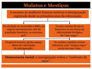 Mulatos e Mestiços
     A escassez de mulheres brancas motivou a miscigenação
        registrada desde os primeiros anos da colonização.


Na abolição da escravidão (1888), os     Teorias racistas da época
   negros representavam 13% da           baseavam-se na crença da
 população brasileira; os mestiços,       inferioridade biológica
               40%.                           da ―raça negra‖.

 Progressivamente, ganha espaço          Os mulatos também seriam
      ideias de valorização            inferiores, pois ―sangue negro‖
        da miscigenação.                    corria em suas veias.


 Democracia racial: a miscigenação evitou o ―confronto de
                        raças‖.
 