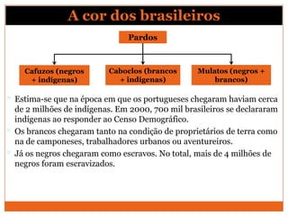 A cor dos brasileiros
                                 Pardos



      Cafuzos (negros       Caboclos (brancos      Mulatos (negros +
       + indígenas)           + indígenas)             brancos)

   Estima-se que na época em que os portugueses chegaram haviam cerca
    de 2 milhões de indígenas. Em 2000, 700 mil brasileiros se declararam
    indígenas ao responder ao Censo Demográfico.
   Os brancos chegaram tanto na condição de proprietários de terra como
    na de camponeses, trabalhadores urbanos ou aventureiros.
   Já os negros chegaram como escravos. No total, mais de 4 milhões de
    negros foram escravizados.
 