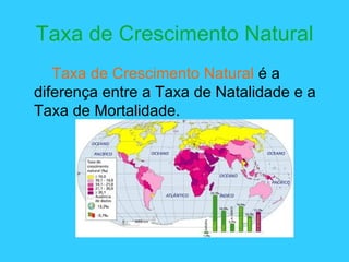 Taxa de Crescimento Natural Taxa de Crescimento Natural  é a diferença entre a Taxa de Natalidade e a Taxa de Mortalidade. 