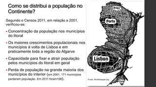 Como se distribui a população no
Continente?
Segundo o Censos 2011, em relação a 2001,
verificou-se:
 Concentração da população nos municípios
do litoral
 Os maiores crescimentos populacionais nos
municípios à volta de Lisboa e em
praticamente toda a região do Algarve
 Capacidade para fixar e atrair população
pelos municípios do litoral em geral
 Perda de população na grande maioria dos
municípios do interior (em 2001, 171 municípios
perderam população. Em 2011 foram198). Fonte: Worldmapper.org
 