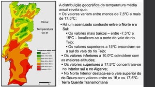 A distribuição geográfica da temperatura média
anual revela que:
 Os valores variam entre menos de 7,5ºC e mais
de 17,5ºC;
 Há um acentuado contraste entre o Norte e o
Sul:
 Os valores mais baixos – entre -7,5ºC e
15ºC – localizam-se a norte do vale do rio
Tejo;
 Os valores superiores a 15ºC encontram-se
a sul do vale do rio Tejo;
 Os valores inferiores a 10,0ºC coincidem com
as maiores altitudes;
 Os valores superiores a 17,5ºC concentram-se
no Interior sul e no Algarve;
 No Norte Interior destaca-se o vale superior do
rio Douro com valores entre os 16 e os 17,5ºC:
Terra Quente Transmontana
Clima:
Temperatura
do ar
 