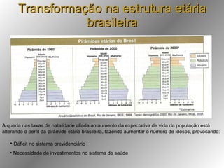 Transformação na estrutura etária brasileira A queda nas taxas de natalidade aliada ao aumento da expectativa de vida da população está alterando o perfil da pirâmide etária brasileira, fazendo aumentar o número de idosos, provocando: Déficit no sistema previdenciário Necessidade de investimentos no sistema de saúde 