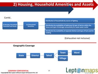 2) Housing, Household Amenities and Assets

     Contd..
                                                             Distribution of households by source of lighting

   2) Housing, Household                2.2) Household
                                                             Distribution by availability of bathroom & type of latrine within the
   Amenities and Assets                   Amenities
                                                             house and type of drainage connectivity for waste water outlet

                                                             Distribution by availability of separate kitchen and type of fuel used for
                                                             cooking


                                                                                          (Exhaustive not inclusive)


                   Geographic Coverage

                                                                                   Town                 Ward
                            State               District     Tehsil
                                                                                  Village



           COMPANY CONFIDENTIAL                                 13
Copyright@ 2012 Lepton Software Export & Research Pvt. Ltd
 